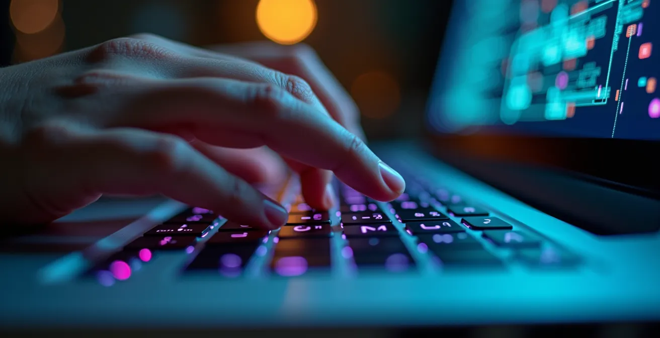 Vue macro de mains tapant sur un clavier moderne avec reflets lumineux abstraits