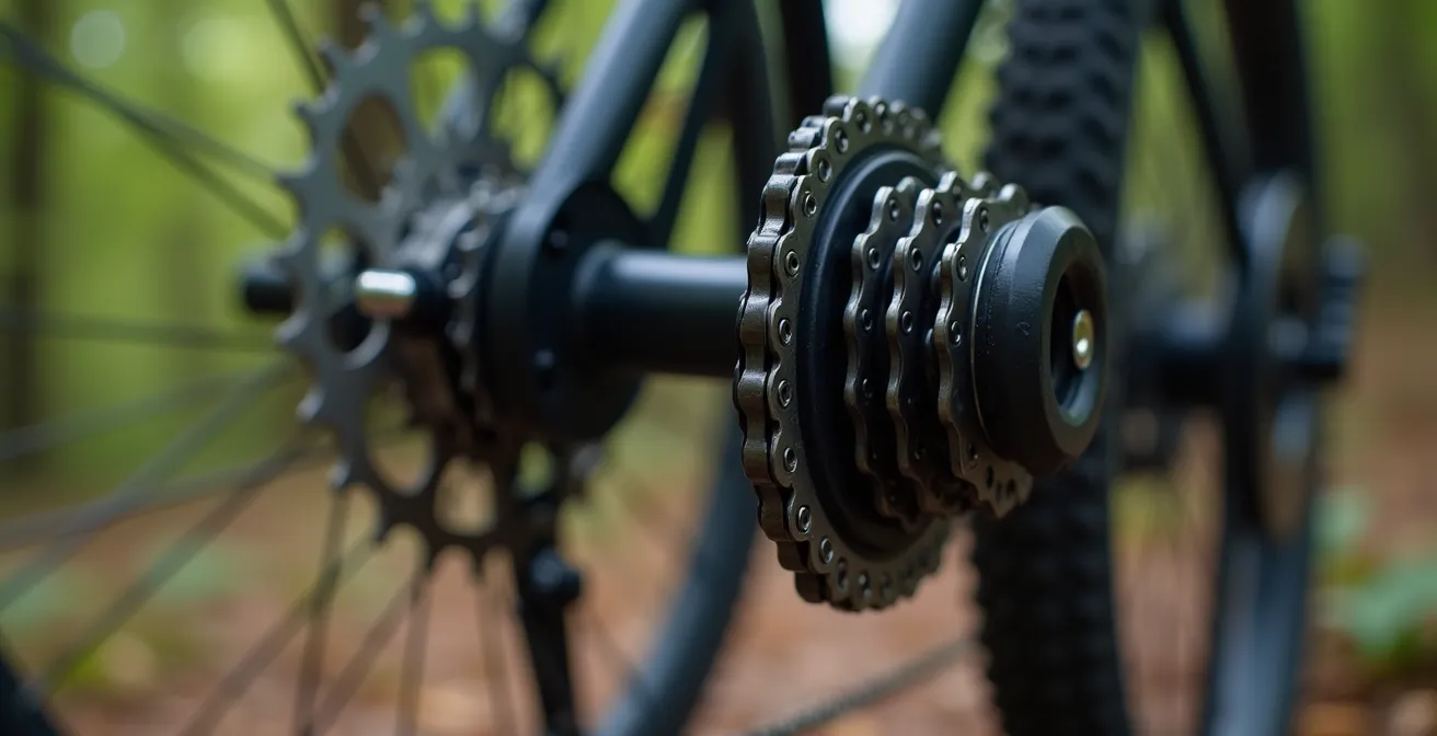 Gros plan macro sur système de transmission VTT électrique montrant chaîne, cassette et dérailleur
