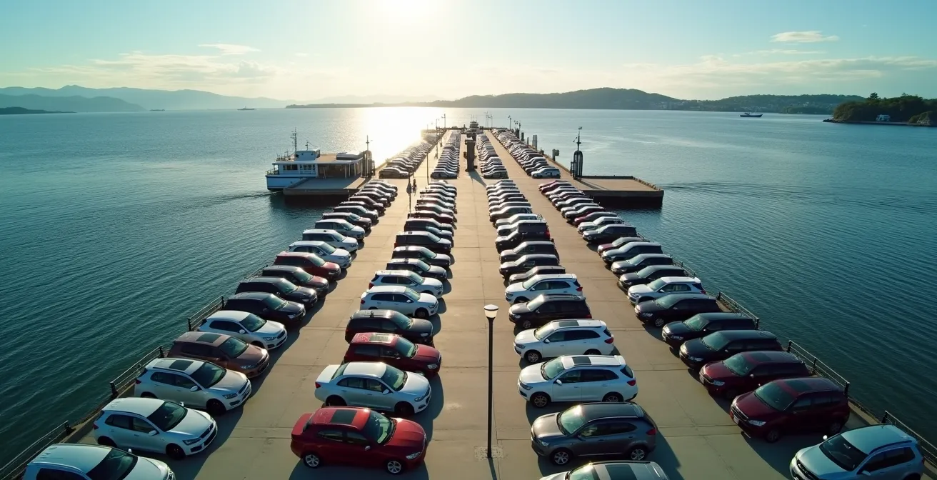 Vue aérienne minimaliste du quai de Matane avec véhicules en attente