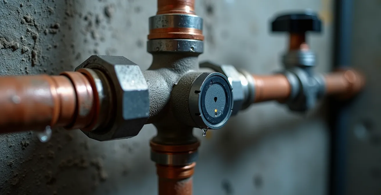 Gros plan sur une valve d'eau intelligente installée dans un sous-sol québécois