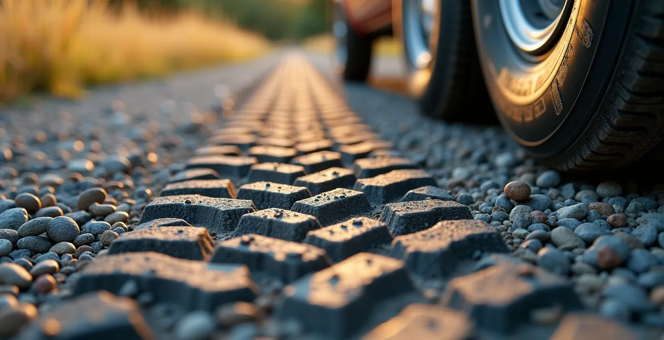 Vue macro détaillée d'un pneu sur gravier avec focus sur les sculptures