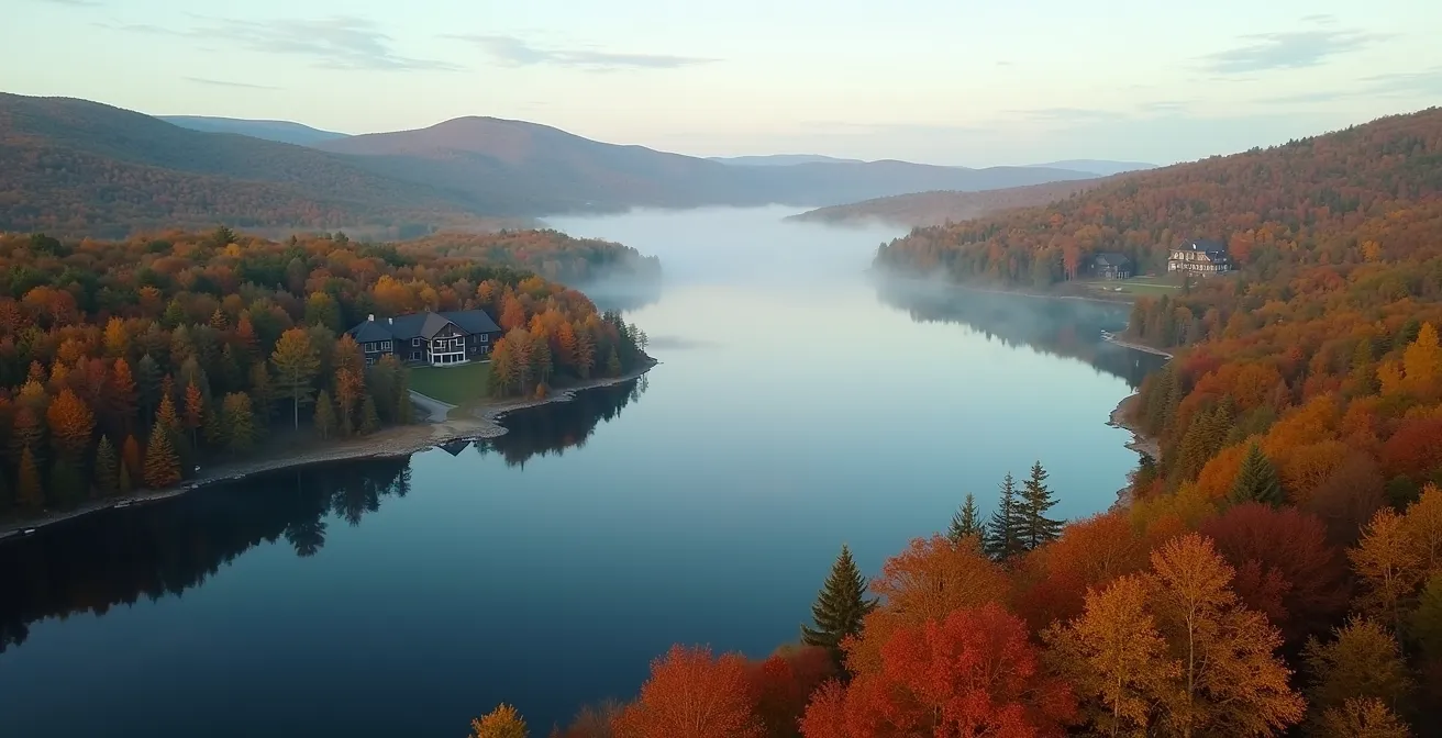 Vue aérienne du secteur tranquille du Lac Supérieur en automne, alternative paisible au village animé de Tremblant